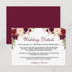 Carte D'accompagnement Burgundy Floral Détails du Mariage Insérer une car