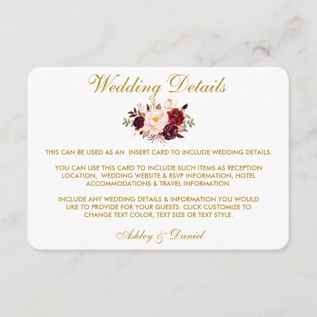 Carte D'accompagnement Burgundy Floral Gold Détails du Mariage Insérer un (Devant)