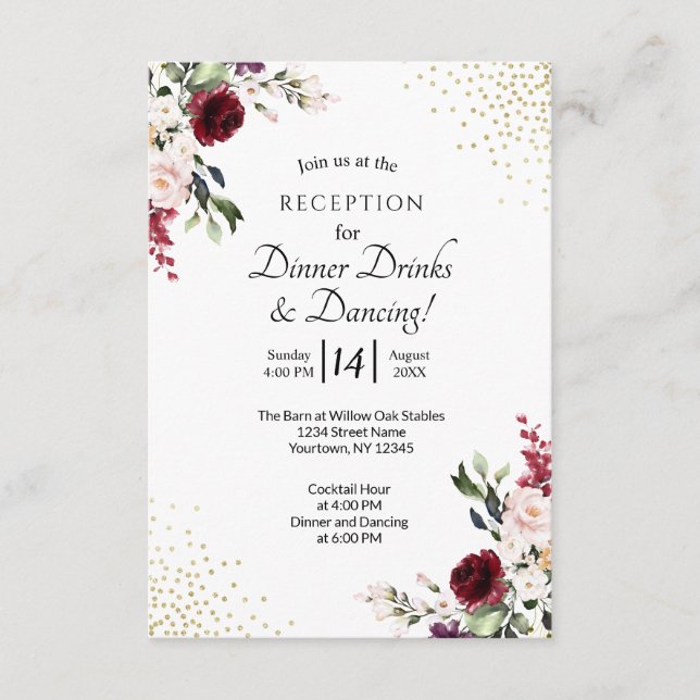 Carte D'accompagnement Burgundy Floral Gold Foil Réception de mariage (Devant)