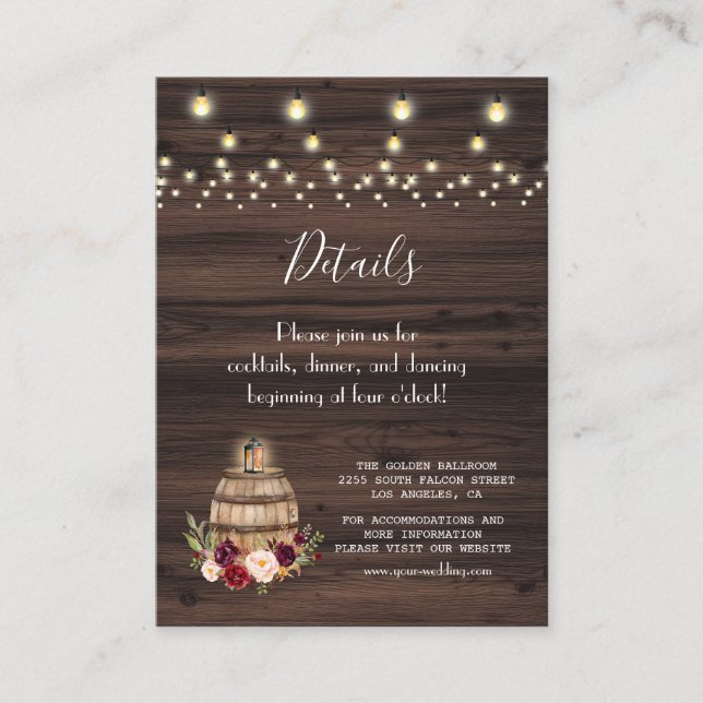 Carte D'accompagnement Burgundy Floral Vin Barrel Grange Mariage Détails (Devant)