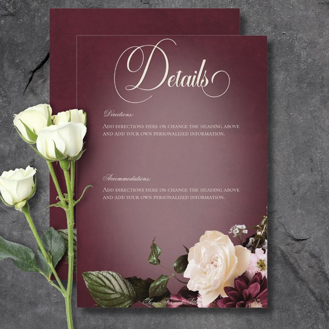 Carte D'accompagnement Burgundy foncée et flou crème Détails floraux (Dark Elegant Burgundy & Cream Blur Floral Details Enclosure Card)
