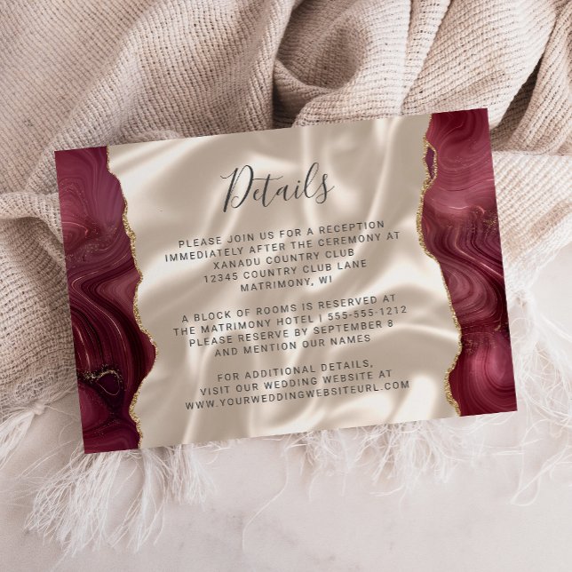 Carte D'accompagnement Burgundy Gold Agate Ivory Silk Détails du Mariage (Créateur téléchargé)