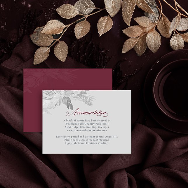 Carte D'accompagnement Burgundy Grey Botanical Foliage Hébergement (Accommodation Insert Card in Burgundy and Grey from the Foliage Duet Collection by Darling & May)