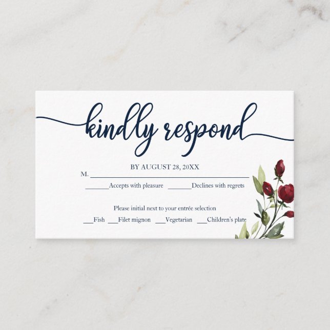 Carte D'accompagnement Burgundy Marine Bleu Aquarelle Florale Mariage RSV (Devant)