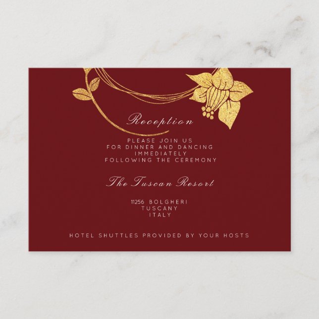 Carte D'accompagnement Burgundy Maroon Gold Floral Vip Réception de maria (Devant)