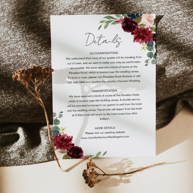 Carte D'accompagnement Burgundy Marsala & Blush Floral Détails du Mariage (Burgundy Marsala & Blush Pink Floral Wedding Details Card)