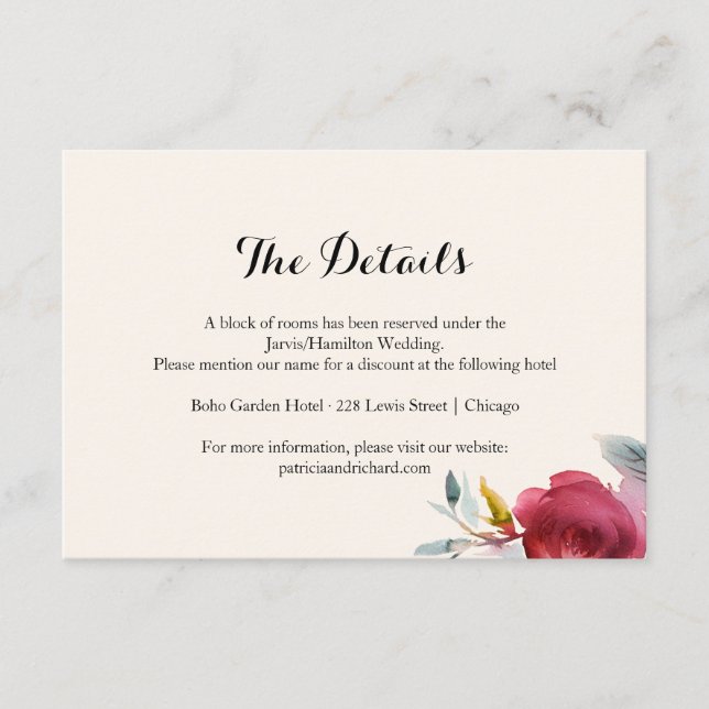 Carte D'accompagnement Burgundy Marsala Boho Floral Détails du Mariage (Devant)