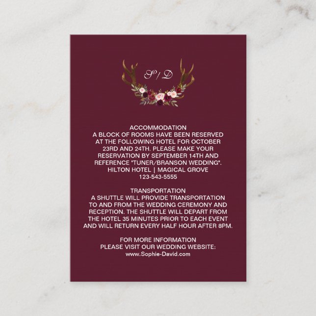 Carte D'accompagnement Burgundy Marsala Floral Antlers Détails du Mariage (Devant)