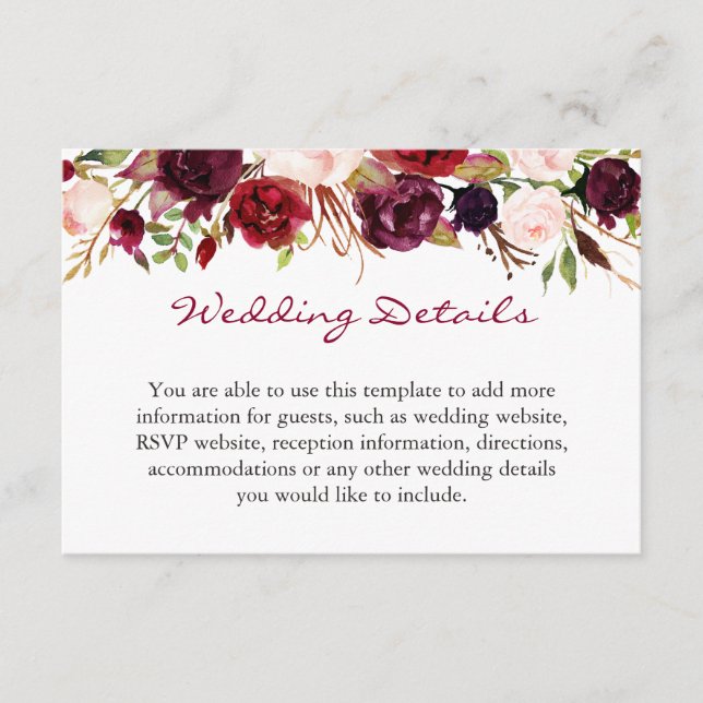 Carte D'accompagnement Burgundy Marsala Rouge Floral Mariage Détails Info (Devant)
