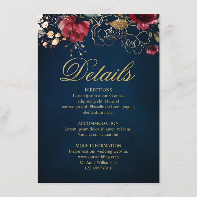 Carte D'accompagnement Burgundy Navy Blue Blush Floral Détails du Mariage (Devant)