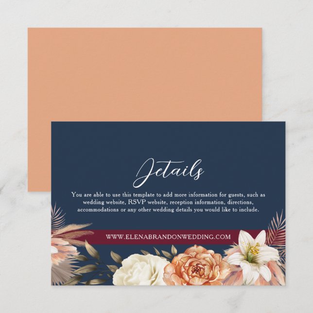 Carte D'accompagnement Burgundy Navy Blue Détails du Mariage (Devant / Derrière)