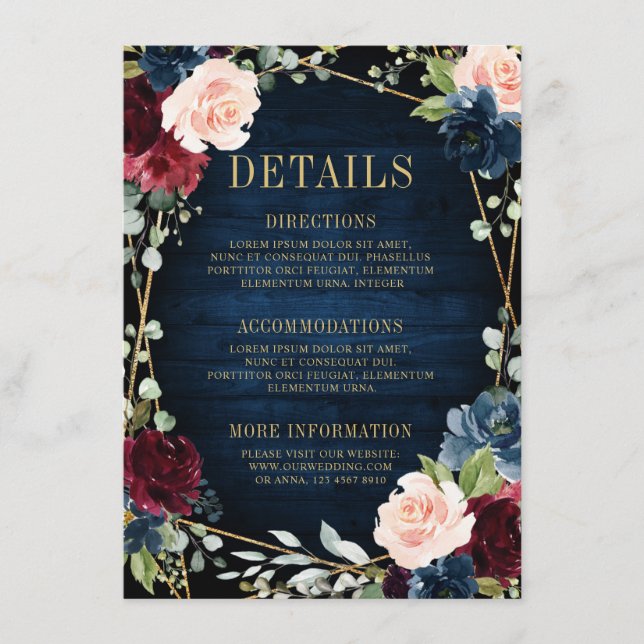 Carte D'accompagnement Burgundy Navy Blush Floral Mariage géométrique (Devant)