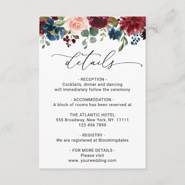 Carte D'accompagnement Burgundy Navy Eucalyptus Rose Détails Mariage (Devant)