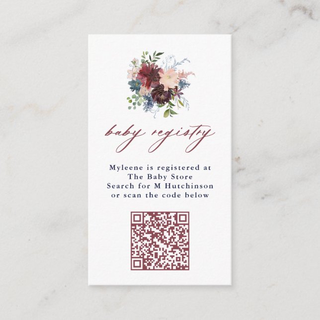 Carte D'accompagnement Burgundy & Navy Floral QR Code Baby Registry (Devant)