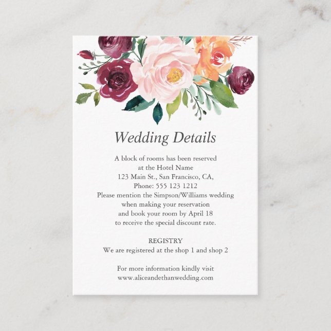 Carte D'accompagnement Burgundy Orange Floral Détails du Mariage (Devant)