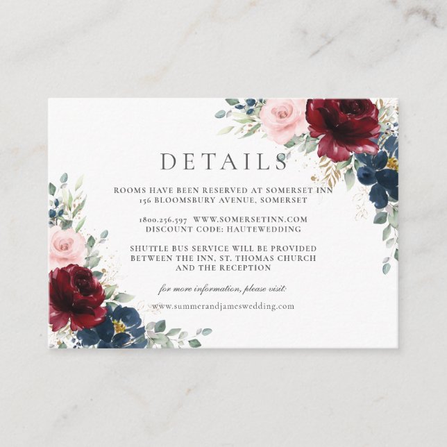 Carte D'accompagnement Burgundy Red Blush Blue Floral Détails du Mariage (Devant)