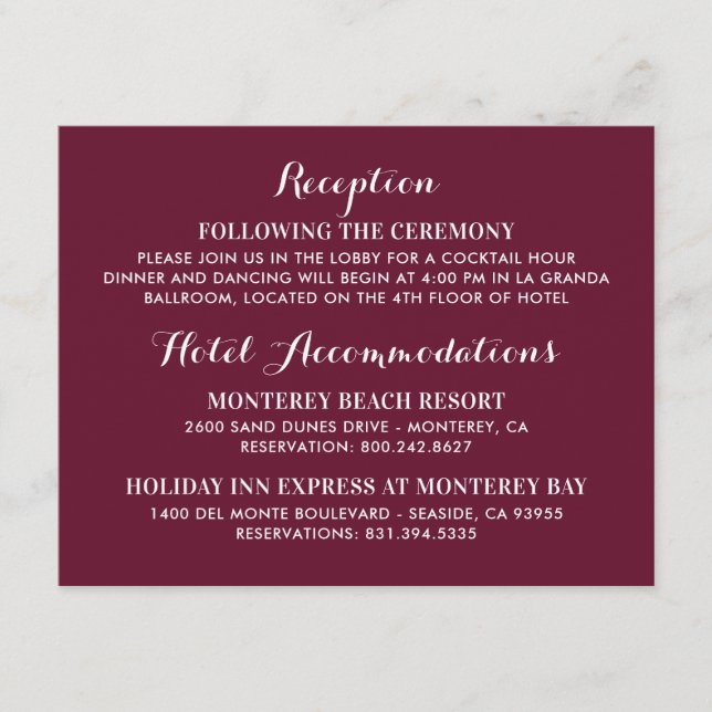 Carte D'accompagnement Burgundy Red Elegant Mariage Information (Devant)