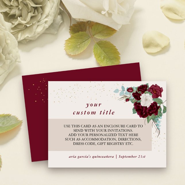 Carte D'accompagnement Burgundy Red et Ivory Rose Détails personnalisés (Enclosure Card with fully editable text for reception details or any other additional information)