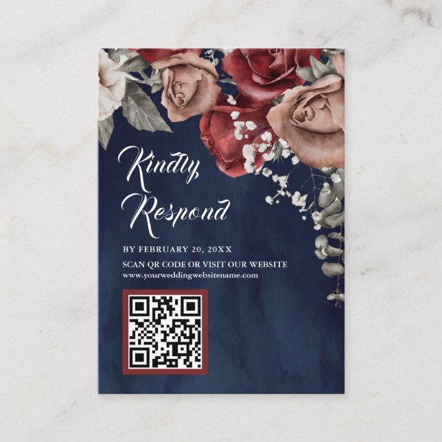 Carte D'accompagnement Burgundy Red Floral QR Code RSVP Navy Blue Wedding (Devant)