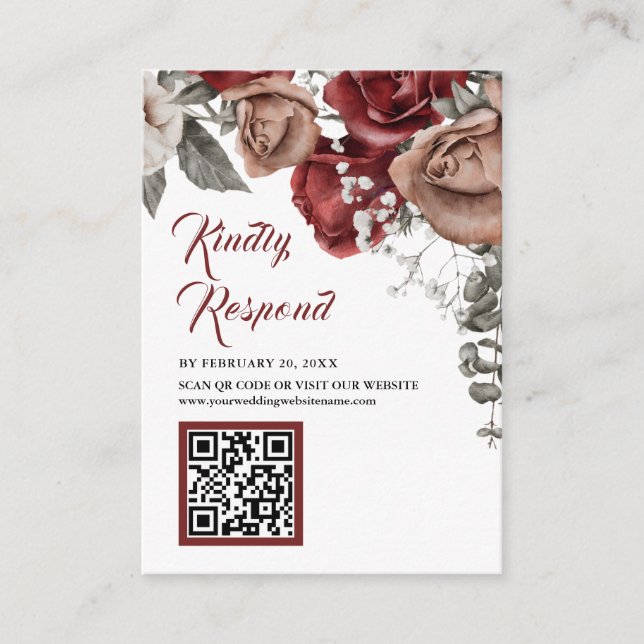 Carte D'accompagnement Burgundy Red Floral QR Code RSVP Wedding Website (Devant)