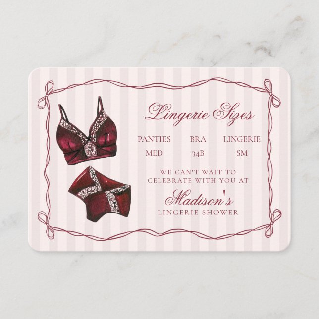 Carte D'accompagnement Burgundy Red Lingerie Sizes Shower Bow (Devant)