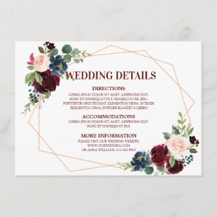 Carte D'accompagnement Burgundy Red Navy Floral Détails du Mariage géomét