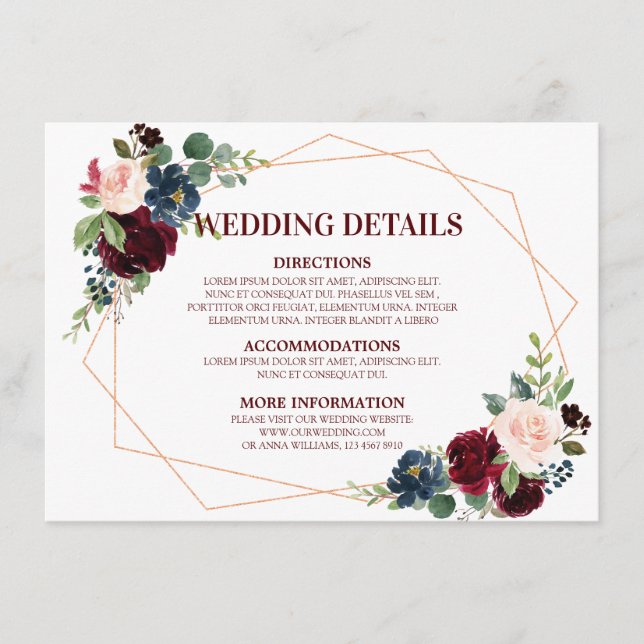 Carte D'accompagnement Burgundy Red Navy Floral Détails du Mariage géomét (Devant)