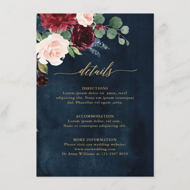 Carte D'accompagnement Burgundy Red Navy Floral Rustic Détails du Mariage (Devant)