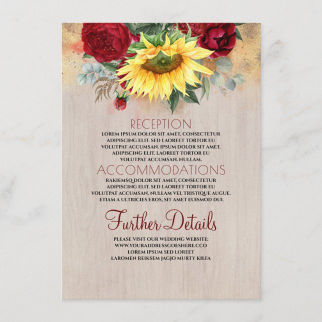 Carte D'accompagnement Burgundy Red Rose et Sunflower Détails du Mariage (Devant)