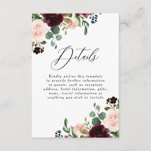 Carte D'accompagnement Burgundy Red Wine Blush Détails Mariage Réception