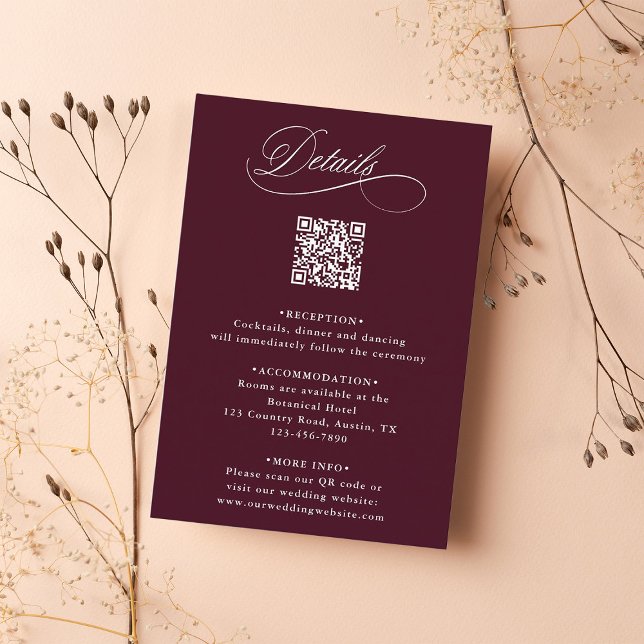 Carte D'accompagnement Burgundy Romantic Calligraphy Détails du Mariage (Créateur téléchargé)
