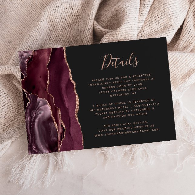 Carte D'accompagnement Burgundy Rose Gold Agate Dark Mariage Détails (Créateur téléchargé)