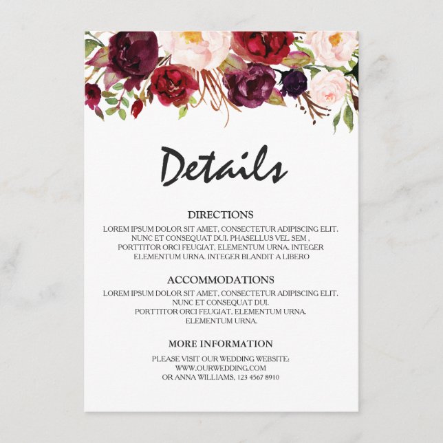 Carte D'accompagnement Burgundy Rouge Floral Rustique Détails du Mariage (Devant)