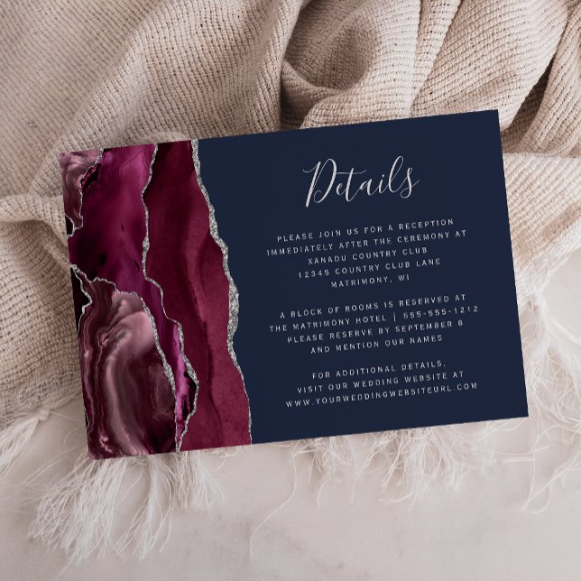 Carte D'accompagnement Burgundy Silver Agate Navy Blue Détails Mariage (Créateur téléchargé)