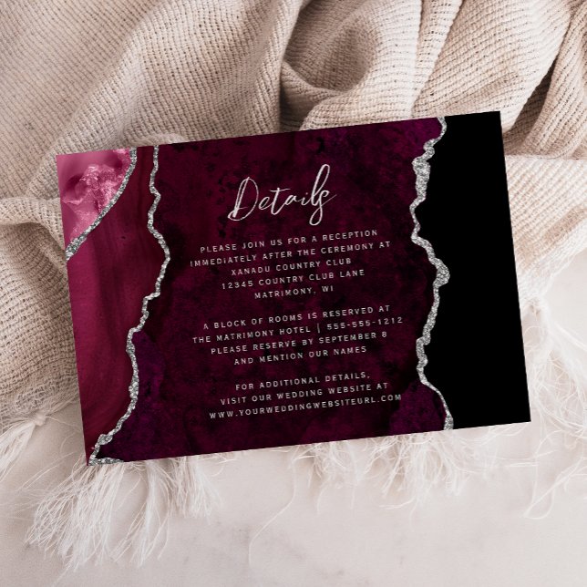 Carte D'accompagnement Burgundy Silver Agate Script Wedding Details (Créateur téléchargé)