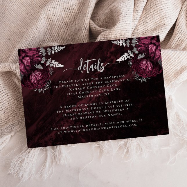Carte D'accompagnement Burgundy Silver Floral Script Détails du Mariage (Créateur téléchargé)