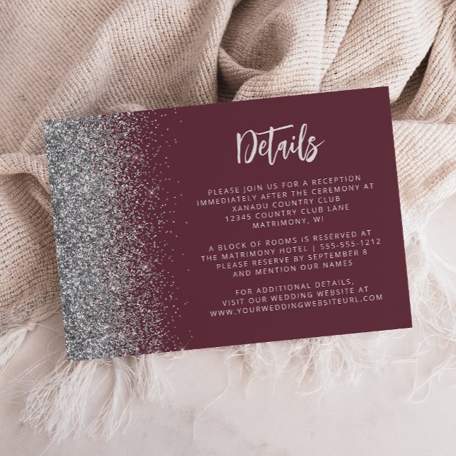 Carte D'accompagnement Burgundy Silver Parties scintillant Script Détails (Créateur téléchargé)