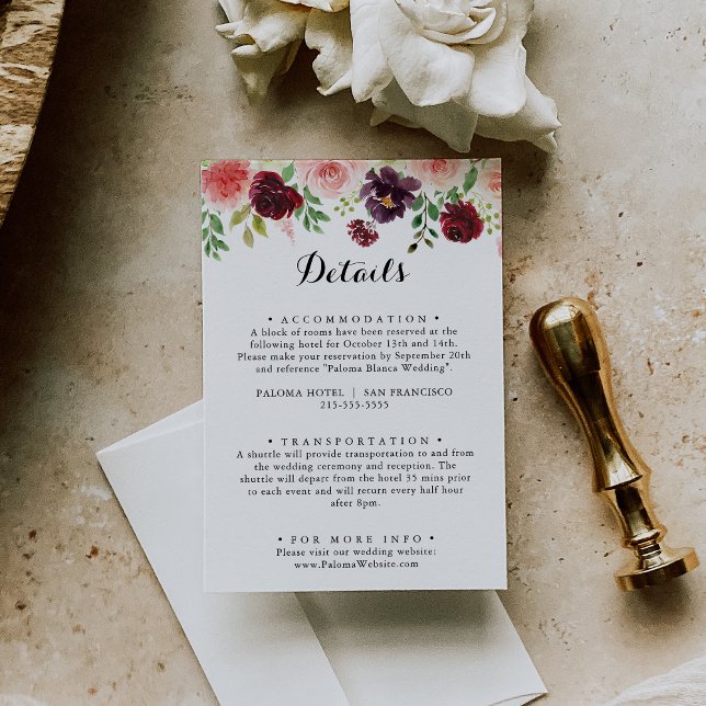 Carte D'accompagnement Burgundy Spring Floral Calligraphy Détails du Mari (Créateur téléchargé)