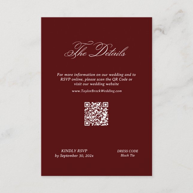 Carte D'accompagnement Burgundy Wedding Details Qr Code (Devant)