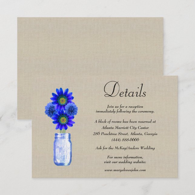 Carte D'accompagnement Burlap Blue Floral Mason Jar Détails du Mariage (Devant / Derrière)