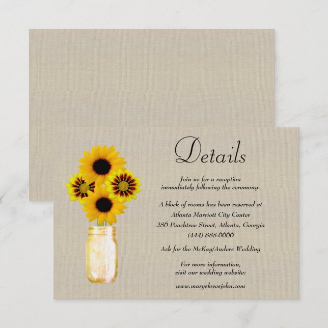 Carte D'accompagnement Burlap Jaune Floral Mason Jar Détails du Mariage (Devant / Derrière)