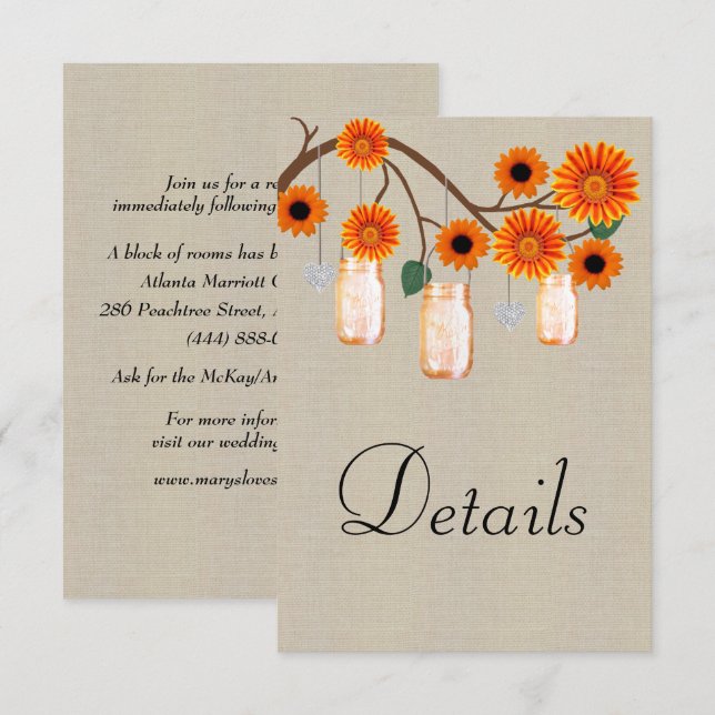 Carte D'accompagnement Burlap Orange Floral Mason Jars Détails du Mariage (Devant / Derrière)
