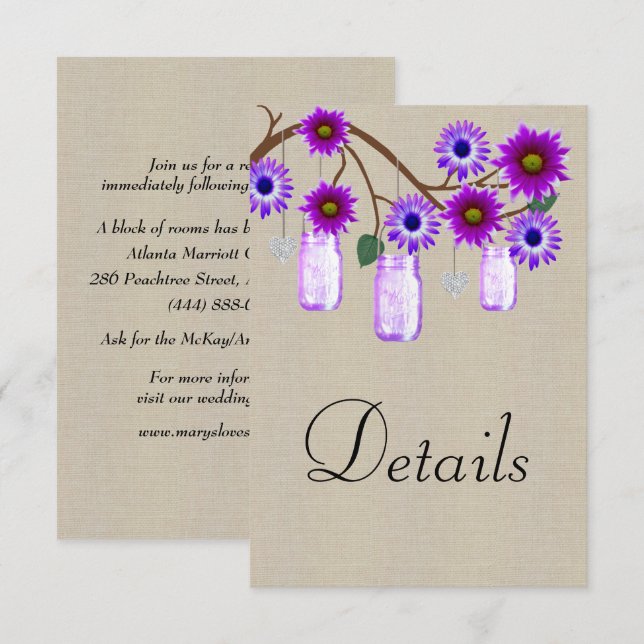 Carte D'accompagnement Burlap Purple Floral Mason Jars Détails du Mariage (Devant / Derrière)