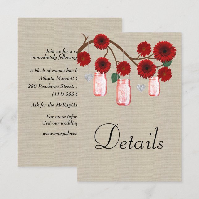 Carte D'accompagnement Burlap Red Floral Mason Jars Détails du Mariage (Devant / Derrière)