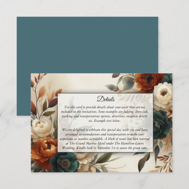Carte D'accompagnement Burnt Orange and Blue Fall Flowers Wedding (Devant / Derrière)