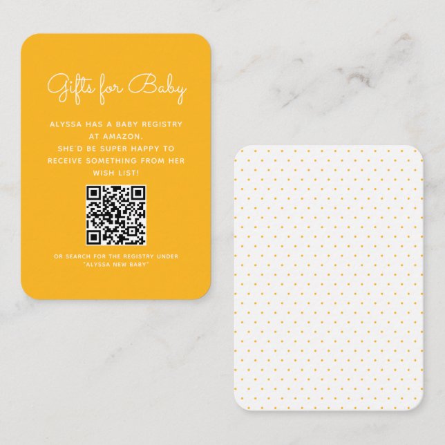 Carte D'accompagnement Cadeaux Points Jaunes Minimaux Code QR Baby Shower (Devant / Derrière)