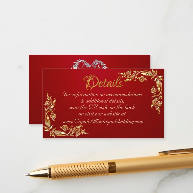 Carte D'accompagnement Cadre Feuille d'or sur Crimson Red, code QR (Devant/Arrière en situation)