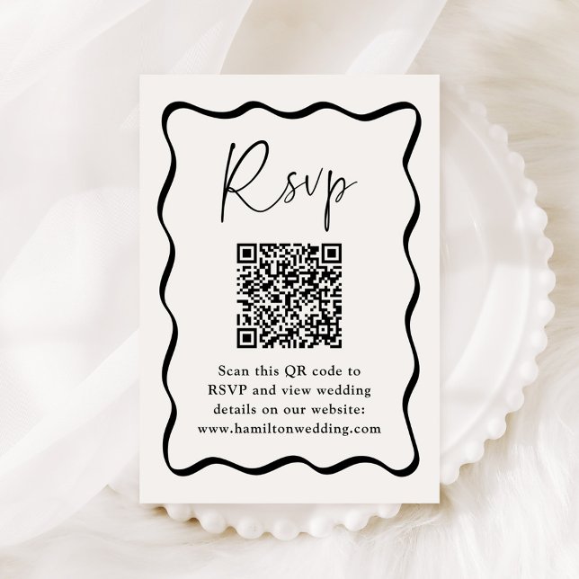 Carte D'accompagnement Cadre moderne Black Wavy QR Code Mariage RSVP (Créateur téléchargé)
