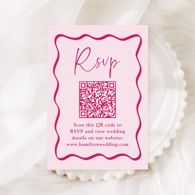 Carte D'accompagnement Cadre rose moderne Wavy Code QR Mariage RSVP (Créateur téléchargé)