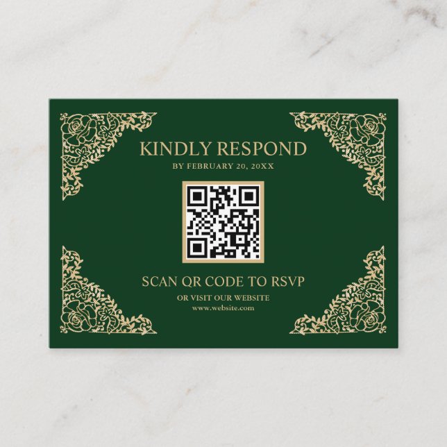 Carte D'accompagnement Cadre vert et or QR Code RSVP Site Mariage (Devant)